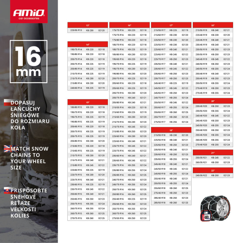 Łańcuchy śniegowe 16 mm 4x4 KB-255 AMIO-02124