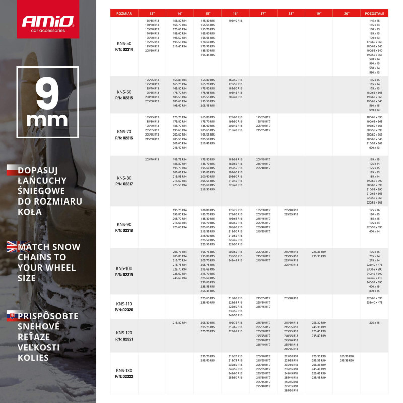 Łańcuchy śniegowe &Ouml;-Norm 9mm + BAG KNS-110 AMIO-02320